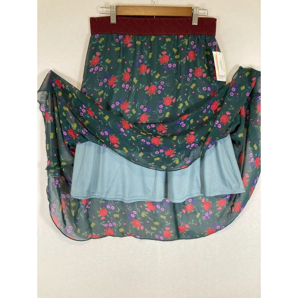 Cottagecore LuLaRoe Women Medium‎ Green Floral Rose Chiffon Lined Midi Skirt